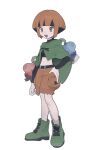  1girl :d absurdres bangs belt black_belt black_hair blunt_bangs boots brown_shorts eyelashes full_body gardenia_(pokemon) green_footwear gym_leader hand_on_hip highres looking_at_viewer mimura_(nnnnnnnnmoo) multicolored_hair navel open_mouth orange_eyes orange_hair pokemon pokemon_(game) pokemon_dppt poncho short_hair shorts smile solo standing tongue two-tone_hair upper_teeth 