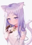  1girl absurdres animal_ear_fluff animal_ears bandaged_arm bandages bangs bare_shoulders bell blush cat_ears cat_girl cat_tail choker closed_mouth collarbone commentary_request doughnut dress ear_piercing eyes_visible_through_hair food food_on_face grey_background highres holding holding_food jingle_bell long_hair looking_at_viewer nail_polish neck_bell original piercing purple_hair purple_nails red_choker simple_background sleeveless sleeveless_dress solo strap_slip tail tail_raised tsukiman upper_body violet_eyes white_dress 