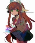  1girl arms_behind_back bangs blue_skirt bow brown_hair doki_doki_literature_club glitch green_eyes grey_jacket hair_bow jacket long_hair long_sleeves monika_(doki_doki_literature_club) neck_ribbon pink_neckwear pleated_skirt ponytail ribbon school_uniform sidelocks simple_background skirt smile solo soumenhiyamugi very_long_hair white_bow 