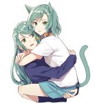  2girls :/ akni animal_ears aqua_hair aqua_shorts arms_around_neck bang_dream! bangs blue_shirt bow braid carrying cat_ears cat_girl cat_tail closed_mouth commentary_request cropped_torso eyebrows_visible_through_hair green_eyes hair_bow hikawa_hina hikawa_sayo kemonomimi_mode korean_commentary long_hair long_sleeves looking_at_another looking_at_viewer multiple_girls open_mouth shiny shiny_hair shirt short_hair short_sleeves shorts siblings side_braids simple_background sisters sweatdrop swept_bangs tail tail_raised twin_braids twins upper_body white_background white_shirt yellow_bow 
