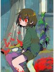  1other androgynous bangs bathroom bathtub blood blood_on_face brown_hair chara_(undertale) closed_eyes closed_mouth curtains flower flowey_(undertale) green_shorts hair_between_eyes long_sleeves plant red_eyes shorts sitting soumenhiyamugi striped striped_sweater sweater undertale vines yellow_flower 
