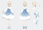  1girl ahoge alternate_costume artoria_pendragon_(all) avalon_(fate/stay_night) bare_shoulders blue_flower blue_ribbon braid commentary_request earrings fate/grand_order fate_(series) flower flower_earrings french_braid frilled_sleeves frills green_eyes holding holding_sheath jewelry kamiowl looking_at_viewer outstretched_hand ribbon saber sheath smile solo standing symbol_commentary white_background white_flower 