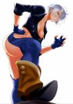  absurdres ahoge anagumasan angel_(kof) blue_eyes boots bra breasts cowboy_boots cropped_jacket fingerless_gloves gloves hair_over_one_eye highres jacket large_breasts leather leather_jacket mexican smirk snk strapless strapless_bra teeth the_king_of_fighters the_king_of_fighters_2001 the_king_of_fighters_xiv underwear white_hair 