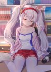  1girl 2021 animal_ears azur_lane book bookshelf bottle breasts camisole closed_eyes eyebrows_visible_through_hair fake_animal_ears hairband highres jacket laffey_(azur_lane) library miniskirt one_side_up open_book open_clothes open_jacket pink_jacket pleated_skirt rabbit_ears red_hairband red_skirt skirt sleeping small_breasts solo thigh-highs twintails white_camisole white_hair white_legwear wine_bottle xiao_shi_lullaby zettai_ryouiki 