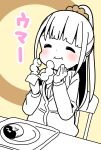  1girl :i bangs blunt_bangs blush bow bowtie brown_background cardigan closed_mouth commentary_request dot_nose doughnut eating eyebrows_behind_hair food foodgasm hair_ornament hair_scrunchie hand_to_own_mouth hands_up highres hitoribocchi_no_marumaru_seikatsu holding holding_food honshou_aru katsuwo_(cr66g) long_hair long_sleeves partially_colored plate ponytail scrunchie simple_background sitting smile solo translated two-tone_background upper_body 