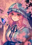  1girl absurdres ainy_(style) blue_kimono blurry blush breasts bug butterfly butterfly_on_hand cherry_blossoms depth_of_field hair_between_eyes hat highres huge_filesize insect japanese_clothes kimono large_breasts mob_cap outdoors pink_eyes pink_hair qiu_ju saigyouji_yuyuko smile solo touhou triangular_headpiece upper_body 