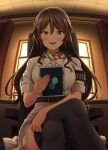  1girl ashigara_(kancolle) black_legwear blush breasts brown_eyes brown_hair collarbone eyebrows_visible_through_hair hair_between_eyes hairband highres holding ichikawa_feesu kantai_collection large_breasts long_hair looking_at_viewer open_mouth short_sleeves sitting solo thigh-highs white_hairband window 