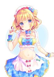  1girl blonde_hair blue_skirt bow breasts frills groin hair_bow hair_cones highres kosuzume lowleg lowleg_skirt medium_breasts midriff minami_mirei navel pretty_(series) pripara skirt solo strapless tubetop violet_eyes wrist_cuffs 