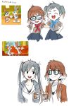  2boys 2girls brown_hair buck_teeth bugs_bunny character_name commentary cup drinking_glass genderswap genderswap_(mtf) girl_scout glasses gloves grey_hair highres himuhino humanization ice ice_cube looney_tunes multiple_boys multiple_girls rabbit rodney_rabbit twintails uniform younger 