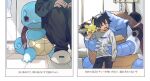  1boy bangs black_hair blastoise brown_eyes closed_eyes closed_mouth commentary_request gen_1_pokemon gen_2_pokemon long_sleeves male_focus newo_(shinra-p) on_shoulder open_mouth pants pichu pokemon pokemon_(creature) pokemon_on_shoulder shirt shy sleeves_past_wrists slippers squirtle starter_pokemon sweatdrop tile_floor tiles tongue translation_request white_footwear |d 