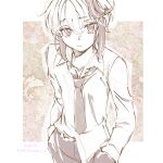  1girl androgynous commentary_request dated dress_shirt emu_(marico_w) flower_(vocaloid) furrowed_brow hands_in_pockets highres multicolored_hair necktie shirt short_hair sidelocks solo standing streaked_hair twitter_username upper_body v_flower_(vocaloid4) vocaloid white_shirt 