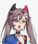  1girl bangs blue_eyes brown_hair choker de_lisle_(girls_frontline) earphones earphones girls_frontline green_eyes grey_background hair_between_eyes hair_ornament heterochromia light_blush long_hair looking_at_viewer mole mole_under_eye multicolored_hair open_mouth piercing safety_pin simple_background solo stitches streaked_hair sweat tongue tongue_out tongue_piercing twintails upper_body white_hair zzzearly 