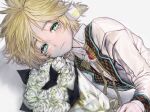  1boy aqua_eyes blonde_hair bouquet commentary crying crying_with_eyes_open flower formal half-closed_eyes headphones kagamine_len korpokkur_kne lying male_focus neck_ribbon on_side ribbon rose short_ponytail sideways_glance solo spiky_hair suit tears upper_body vocaloid white_background white_flower white_rose white_suit yellow_neckwear 