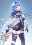  1girl arumisx ass black_hairband blue_background blue_footwear blue_gloves blue_hair bodystocking breasts brown_eyes closed_mouth eula_lawrence feathers from_behind genshin_impact gloves greatsword hair_ornament hairband highres holding holding_weapon long_sleeves looking_at_viewer medium_breasts medium_hair snowflakes solo thigh-highs thighs vision_(genshin_impact) weapon 