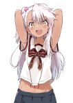  1girl arms_up blush_stickers chloe_von_einzbern collared_shirt dark-skinned_female dark_skin eyebrows_visible_through_hair fate/kaleid_liner_prisma_illya fate_(series) hair_ornament heart heart_hair_ornament highres homurahara_academy_uniform long_hair looking_at_viewer navel neck_ribbon one_side_up open_mouth orange_eyes pink_hair pleated_skirt rauto ribbon school_uniform shirt simple_background skirt smile solo stomach_tattoo t-shirt tattoo upper_body white_background white_shirt yellow_eyes 