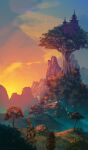  absurdres anato_finnstark architecture castle commentary east_asian_architecture english_commentary fantasy giant_tree highres huge_filesize mountain no_humans orange_sky original outdoors pagoda scenery sky sunset tree 
