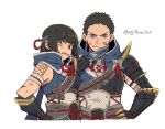  1boy 1girl armor asaya_minoru bangs black_hair blood eyebrows_visible_through_hair gloves hair_between_eyes hair_ornament headband holding japanese_clothes kamura_(armor) looking_at_viewer monster_hunter_(series) monster_hunter_rise short_hair simple_background thigh-highs white_background 