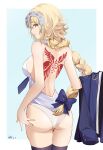  1girl absurdres ass back back_tattoo backless_outfit bangs bare_shoulders black_legwear blonde_hair blue_eyes blush braid braided_ponytail breasts fate/apocrypha fate_(series) headpiece highres jeanne_d&#039;arc_(fate) jeanne_d&#039;arc_(fate)_(all) large_breasts liuleiwowotou long_hair looking_at_viewer necktie panties solo tattoo thigh-highs thighs underwear very_long_hair white_panties 