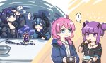  ! ... 4girls ahoge andreana_(arknights) animal_ears arknights black_gloves black_jacket black_shirt blue_eyes blue_hair blue_jacket blue_poison_(arknights) cake cake_slice camera chinese_commentary collarbone commentary ear_piercing eating eyebrows_visible_through_hair fingerless_gloves flower food glaucus_(arknights) gloves goggles goggles_on_head hair_flower hair_ornament hand_in_pocket hand_up highres holding holding_camera hood hood_up ice_cream infection_monitor_(arknights) jacket lava_(arknights) mabing mask mask_pull medium_hair mouth_mask multicolored_hair multiple_girls open_clothes open_jacket pastry_bag piercing pink_hair plate pointy_ears ponytail purple_hair shirt short_hair short_twintails single_glove smile spoken_ellipsis spoken_exclamation_mark sundae thinking tooth_necklace twintails upper_body utensil_in_mouth v-shaped_eyebrows violet_eyes white_shirt 