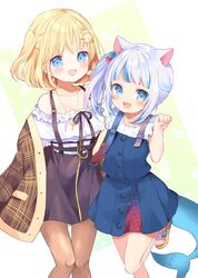  2girls animal_ears blonde_hair blue_hair brown_jacket cat_ears fish_tail gawr_gura hair_ornament highres hololive hololive_english jacket kosuzume multicolored_hair multiple_girls off-shoulder_shirt off_shoulder one_side_up open_mouth pantyhose paw_pose sandals shark_girl shark_tail sharp_teeth shirt side_ponytail silver_hair smile streaked_hair suspenders tail teeth virtual_youtuber watson_amelia x_hair_ornament 