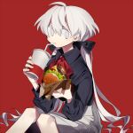  1girl absurdres ahoge black_bow black_shirt bow bright_pupils burger collared_shirt commentary_request cup disposable_cup drinking drinking_straw food grey_eyes grey_skirt hair_bow higa423 highres holding holding_cup holding_food long_hair long_sleeves looking_at_viewer neck_ribbon original red_background red_neckwear ribbon shirt simple_background sitting skirt solo twintails white_hair 