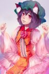  1girl :d animal_ear_fluff animal_ears brown_hair cat_ears chen cowboy_shot dress fang flower grey_background hands_up hat highres light_blush lips lolita_fashion looking_at_viewer mob_cap open_mouth pink_dress pink_flower pink_rose qiu_ju red_eyes rose short_hair simple_background slit_pupils smile solo touhou 