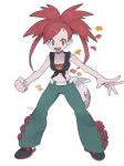  1girl :d absurdres bangs clenched_hand collarbone eyelashes flannery_(pokemon) gym_leader hair_tie highres leaf legs_apart long_hair looking_at_viewer midriff mimura_(nnnnnnnnmoo) navel open_mouth pants pokemon pokemon_(game) pokemon_oras red_eyes redhead shirt shoes simple_background smile solo standing swept_bangs tied_hair tied_shirt tongue upper_teeth v-shaped_eyebrows white_background 