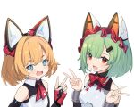  2girls :d absurdres animal_ears bangs bare_shoulders black_gloves black_shirt blonde_hair blue_eyes bow breasts collared_shirt copyright_request double_v elbow_gloves eyebrows_visible_through_hair fake_animal_ears fang fingerless_gloves gloves green_hair hair_ornament hairclip highres huge_filesize looking_at_viewer medium_breasts multiple_girls open_mouth red_bow red_eyes shirt short_hair simple_background sleeveless sleeveless_shirt smile upper_body v white_background youmu_(tomgoku2) 