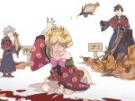  1girl 2boys bare_shoulders blonde_hair blood bloody_hands brown_hair caim_(granblue_fantasy) coat djeeta_(granblue_fantasy) empty_eyes gizoku_(granblue_fantasy) granblue_fantasy grey_hair harp instrument japanese_clothes kimono lobelia_(granblue_fantasy) mame_lde multiple_boys open_mouth smile sword vohu_manah weapon |_| 