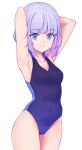  1girl armpits arms_behind_head arms_up bangs bare_shoulders breasts casual_one-piece_swimsuit closed_mouth collarbone commentary_request copyright_request covered_navel eyebrows_visible_through_hair groin highres jilu looking_at_viewer multicolored_hair one-piece_swimsuit purple_hair purple_swimsuit simple_background small_breasts smile solo swimsuit two-tone_hair violet_eyes white_background 