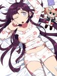  1girl :o alternate_costume apron arm_up bad_anatomy bandaged_leg bandages bandaid bandaid_on_leg bangs bed_sheet bow breasts bunny_hair_ornament character_doll collarbone commentary cowboy_shot dangan_ronpa_(series) dangan_ronpa_2:_goodbye_despair english_commentary enoshima_junko furukawa_(yomawari) hair_bow hair_ornament highres large_breasts long_hair long_sleeves looking_at_viewer lying midriff mole navel on_back one_eye_closed open_mouth phone purple_hair shiny_hiar short_shorts shorts skirt sleepy sweater tsumiki_mikan 