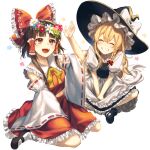  2girls apron bangs black_footwear blonde_hair bow bowtie braid brown_eyes brown_hair closed_eyes commentary detached_sleeves flower flower_wreath frilled_bow frilled_shirt_collar frills full_body grin hair_bow hair_flower hair_ornament hair_tubes hakurei_reimu hat hat_bow head_wreath highres jill_07km kirisame_marisa mary_janes midriff multiple_girls open_mouth puffy_short_sleeves puffy_sleeves red_bow red_shirt red_skirt shirt shoes short_sleeves side_braid signature simple_background single_braid sitting skirt skirt_set smile touhou waist_apron white_background white_bow witch_hat yellow_neckwear 