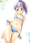  1girl :q bare_arms bare_shoulders bikini black_scrunchie blue_bikini blurry blurry_background blush closed_mouth collarbone commentary_request depth_of_field groin hair_ornament hair_scrunchie high_ponytail highres looking_at_viewer navel original ponytail purple_hair scrunchie shibacha side-tie_bikini smile solo swimsuit tongue tongue_out untied untied_bikini violet_eyes 