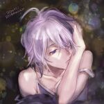  1girl androgynous bare_shoulders collarbone commentary_request dated emu_(marico_w) expressionless flower_(vocaloid) half-closed_eyes head_rest highres multicolored_hair one_eye_covered portrait purple_hair purple_shirt shirt sketch solo spaghetti_strap streaked_hair twitter_username v_flower_(vocaloid4) violet_eyes vocaloid 