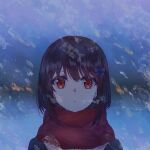  1girl absurdres bangs black_hair black_jacket blurry blurry_background bow expressionless gekijouban_hibike!_euphonium hair_bow hibike!_euphonium highres hisaishi_kanade huge_filesize jacket looking_at_viewer mellow4043 parted_lips red_bow red_eyes red_scarf scarf short_hair snow solo 