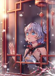  1girl bare_shoulders blue_eyes breathing china_dress chinese_clothes double_bun dress honkai_(series) honkai_impact_3rd lantern looking_afar open_mouth snow snowing solo theresa_apocalypse theresa_apocalypse_(valkyrie_pledge) touching tree_branch white_hair window zhandou_greymon 