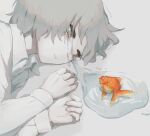  1boy avogado6 blue_eyes commentary_request crying crying_with_eyes_open fish goldfish grey_hair long_sleeves lying male_focus on_side original parted_lips shirt short_hair solo tears upper_body white_shirt 
