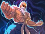  1boy abs alternate_form aura bald beard belt biceps blue_pants clenched_hands dragon_ball dragon_ball_(classic) facial_hair male_focus manly muscular muscular_male mustache muten_roushi navel old old_man pants powering_up red-framed_eyewear shirtless solo sunglasses teeth veins white_belt yonezawa_mao 