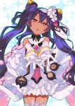  1girl alexa_mahone bare_shoulders black_hair dark-skinned_female dark_skin elbow_gloves gloves highres long_hair looking_at_viewer neftim open_mouth ppu purple_hair red_eyes skirt solo thigh-highs twintails very_long_hair white_gloves world_flipper 