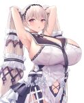  1girl :o adjusting_hair armpits arms_behind_head arms_up azur_lane breasts clothing_cutout collar dress formidable_(azur_lane) formidable_(timeless_classics)_(azur_lane) hairband highres huge_breasts large_breasts long_hair looking_at_viewer navel_cutout official_alternate_costume sailor_collar sailor_dress sailor_senshi_uniform solo twintails very_long_hair white_hair yuuki_shuri 