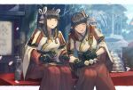  2girls black_hair blush breasts gloves hinoa japanese_clothes kimono long_hair minoto monster_hunter monster_hunter_(series) monster_hunter_rise pointy_ears siblings sono_(pixiv2737912) twins 