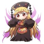  1girl bangs belt black_dress black_headwear black_sleeves blush brown_belt chinese_clothes closed_mouth cowboy_shot dress energy eyebrows_visible_through_hair full_body hat junko_(touhou) long_hair long_sleeves looking_at_viewer orange_hair pom_pom_(clothes) red_eyes rokugou_daisuke simple_background smile solo standing touhou white_background 
