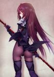  1girl absurdres armor ass bangs blush bodysuit fate/grand_order fate_(series) from_behind gae_bolg_(fate) highres holding holding_spear holding_weapon kazuma_muramasa long_hair looking_at_viewer looking_back pauldrons polearm purple_hair scathach_(fate) scathach_(fate)_(all) shoulder_armor sidelocks signature solo spear standing thigh_gap very_long_hair violet_eyes weapon 