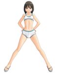  1girl bangs bikini black_eyes black_hair blush bob_cut breasts closed_mouth commentary_request full_body green_footwear hands_on_hips looking_at_viewer maburu_(lojyq1eur3e8bit) navel original sandals short_hair simple_background small_breasts smile solo spread_legs standing swimsuit white_background white_bikini 