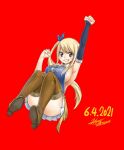  1girl 2021 armpits blonde_hair boots breasts brown_eyes clenched_hands dated detached_sleeves eyebrows_visible_through_hair fairy_tail full_body highres large_breasts long_hair looking_at_viewer lucy_heartfilia mashima_hiro official_art parted_lips red_background side_ponytail sideboob simple_background solo teeth thigh-highs thigh_boots 