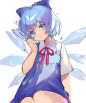  1girl absurdres acidear arm_up bangs blue_bow blue_dress blue_eyes blue_hair bow cirno commentary cowboy_shot dress food hair_bow head_tilt highres holding holding_food ice ice_wings looking_at_viewer necktie parted_lips popsicle red_neckwear shirt shirt_under_dress short_hair short_sleeves simple_background sitting solo touhou water_drop white_background white_shirt wings 