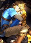  1boy 1girl blonde_hair blue_eyes blue_shirt boots braid brown_pants earrings french_braid green_eyes highres holding_another jewelry link looking_up master_sword michingeaa pants pointy_ears ponytail princess_zelda shirt sweat the_legend_of_zelda the_legend_of_zelda:_breath_of_the_wild 
