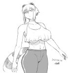  1girl animal_ears araiguma-san breasts crop_top crop_top_overhang dated expressionless greyscale huge_breasts monochrome navel no_bra original pants raccoon_ears raccoon_tail short_hair_with_long_locks sketch solo standing tail track_pants tsukudani_(coke-buta) under_boob 