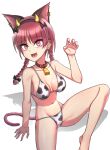  1girl animal_ears animal_print barefoot bell bikini braid breasts cat_ears cat_tail chinese_zodiac claw_pose collarbone cookie_(touhou) cow_print cowbell earrings extra_ears fake_horns foot_out_of_frame hand_up horns jewelry jgknskdcfwnmnk_(cookie) jigoku_no_soko_de_coffee_wo_nomu_neko kaenbyou_rin looking_at_viewer medium_breasts navel piercing pink_eyes redhead simple_background sitting solo swimsuit tail tongue_piercing touhou twin_braids twintails white_background year_of_the_ox 