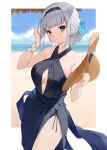  1girl bangs beach black_dress black_hairband blue_sky blunt_bangs breasts clouds commentary_request day dress eyebrows_visible_through_hair flower green_eyes grey_hair hair_flower hair_ornament hairband hana_mori hat highres holding holding_clothes holding_hat hololive looking_at_viewer ocean outdoors shirogane_noel short_hair sky solo straw_hat virtual_youtuber 